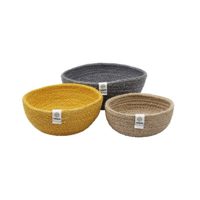 Trio de corbeilles gigognes en fibres recyclées gris bleu jaune